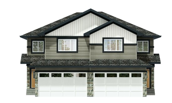 Exterior Rendering of the Dawson duplex home by New Era Luxury Homes. Built in the community of Woodbend in Leduc, Alberta.