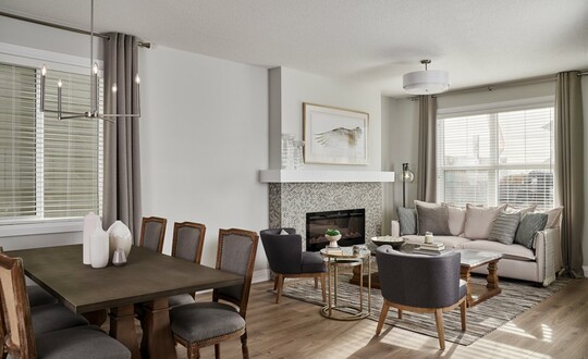 Great room in the Aurora showhome by Alquinn Homes in Woodbend, Leduc.
