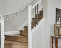 Staircase in the Aurora showhome by Alquinn Homes in Woodbend, Leduc.