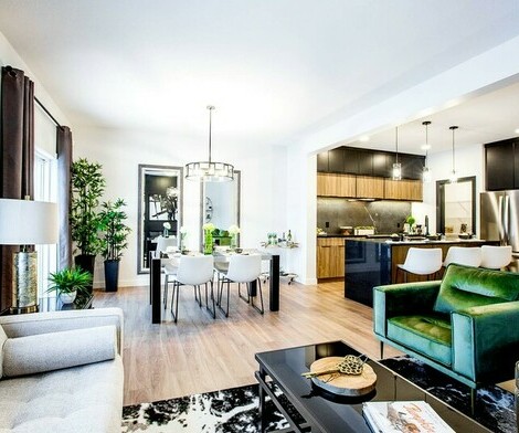 The great room of the Durnin showhome by San Rufo Homes in the community of Woodbend in Leduc, Alberta.